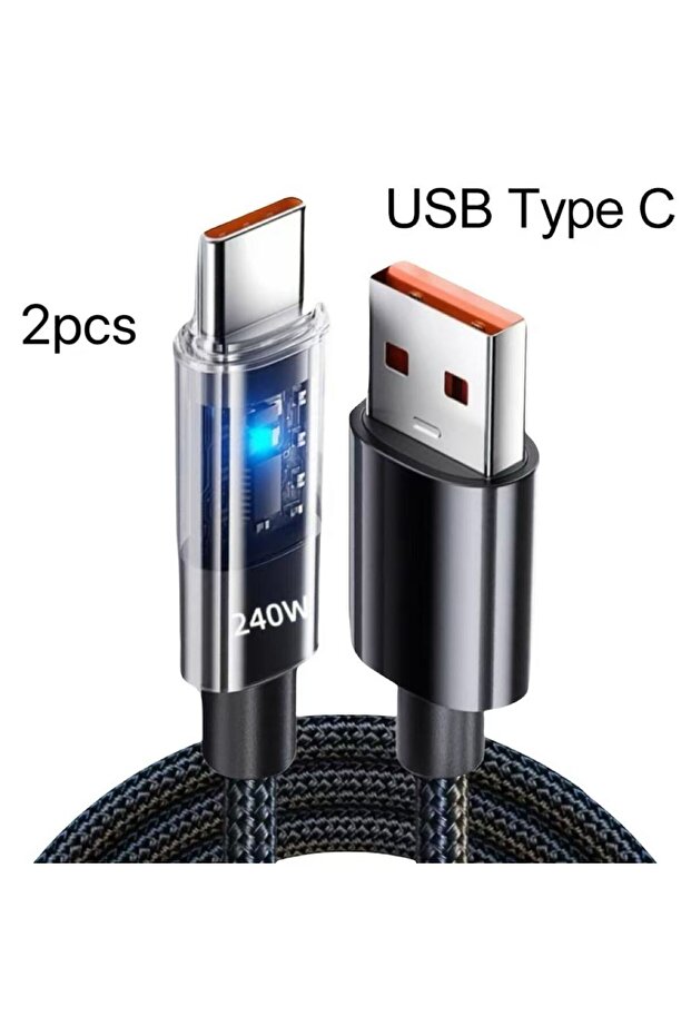 كابل شحن سريع USB-C بطول 0.25 متر، قطعتان، 240 واط، مجدول بالنايلون، شفاف، شاحن عالي السرعة من النوع C
