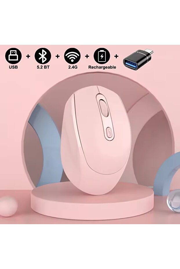 ماوس لاسلكي قابل لإعادة الشحن بتقنية البلوتوث 2.4 جيجاهرتز مع USB RGB 1600DP باللون الوردي مع OTG