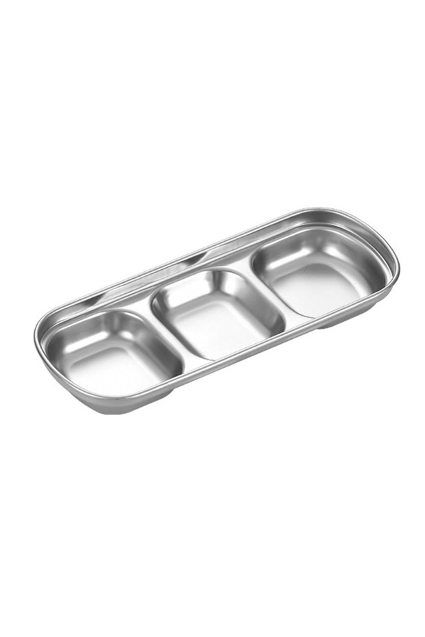 1Pcs-Silver 3 Disc 1/4 Pcs Stainless Steel Divided Seasoning Sauce Dip Bowl, 1/2/3/4 Compartment Kor