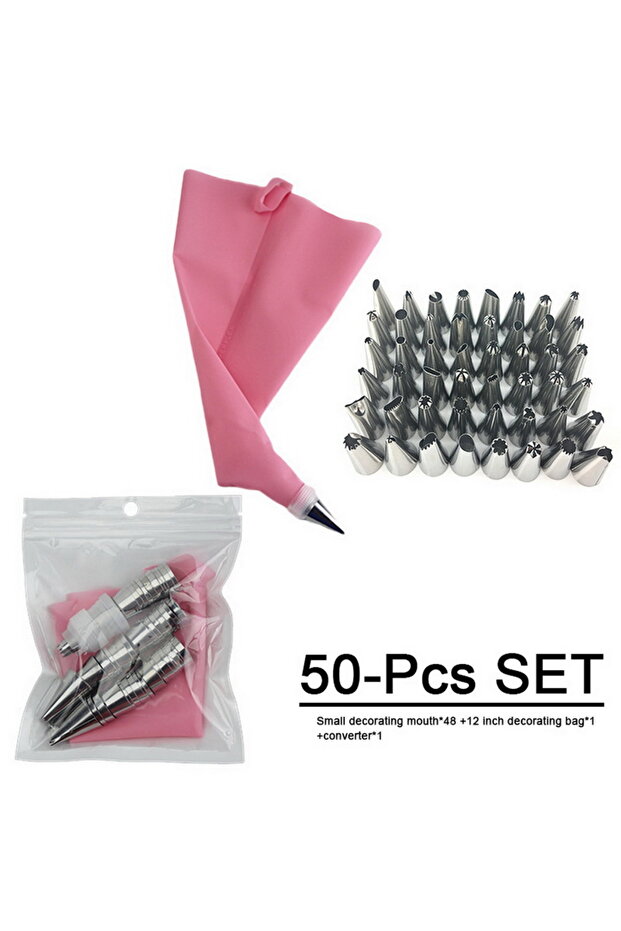 50 Pcs Pink Multifunctional Cake Decorating Tools Silicone Pastry Bag Stainless Steel Cake Mouth Reu