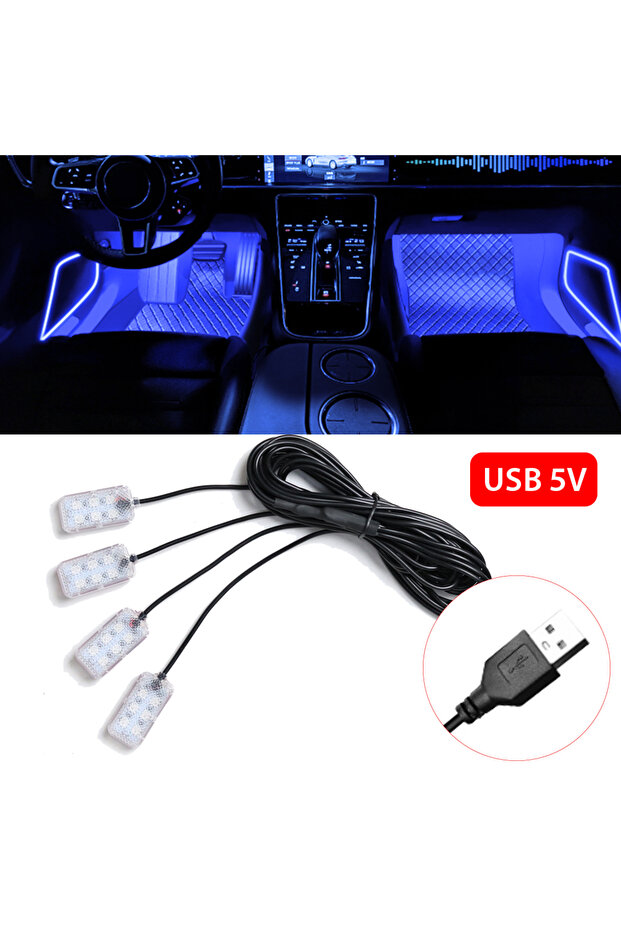 مصباح نيون أزرق للسيارة 4 في 1 بمنفذ USB، مصباح قدم LED، إضاءة خلفية لتزيين المقصورة الداخلية، ولاعة سجائر، منفذ USB، صراف آلي