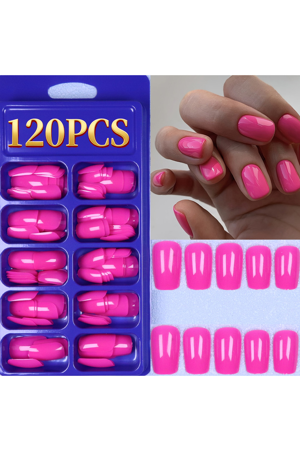 Fuchsia 120PCS Press French Red Mid-Length Square Fake Nails Solid Color Design Reusable Acrylic Fal