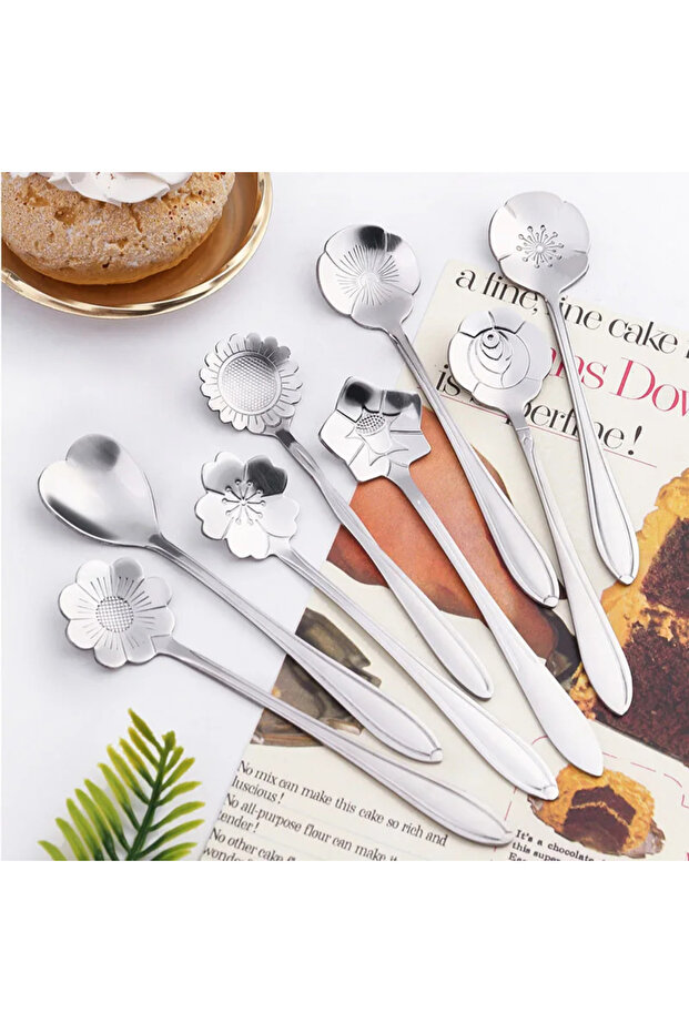 8pcs silvery 8Pcs Set Small Flower Teaspoon 304 Stainless Steel Ice Cream Coffee Spoon Gifts Dessert