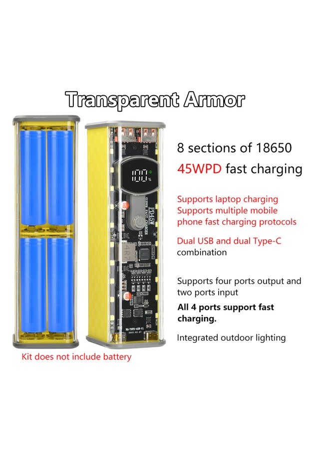 Yellow PD 45W 30-65W Super Fast Charging Transparent Power Bank Shell Welding Free 8 *18650 Battery