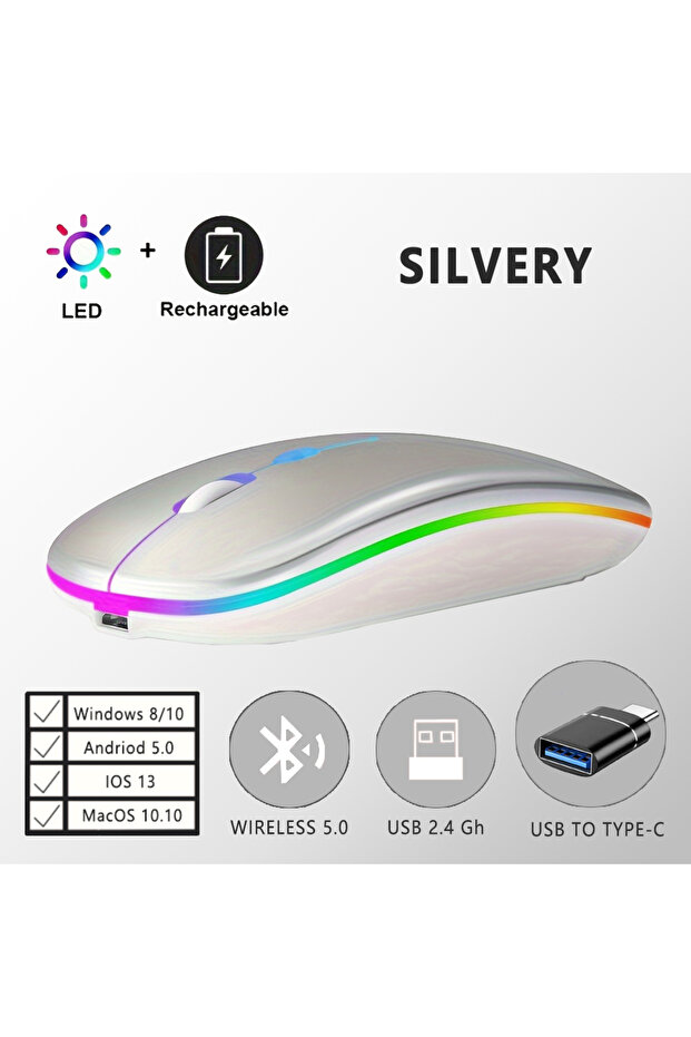 Silvery Wireless Rechargeable Mouse With LED Backlight Bluetooth With Type-C Adapter Gaming Mouse S