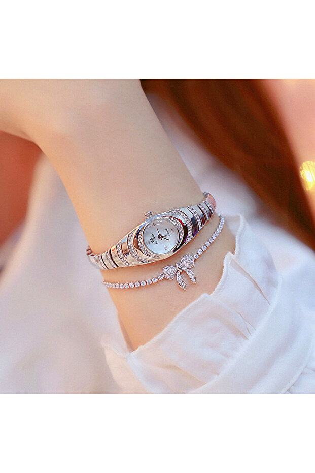 Silver set 2pcs new women's watch simple rhinestone round dial alloy quartz watch set