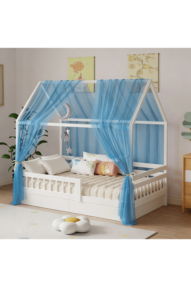 150x350cm Blue Bunk Bed Canopy 1/2-Piece Muslin Bunk Bed Canopy, Fabric Canopy for Bunk Beds Suitabl