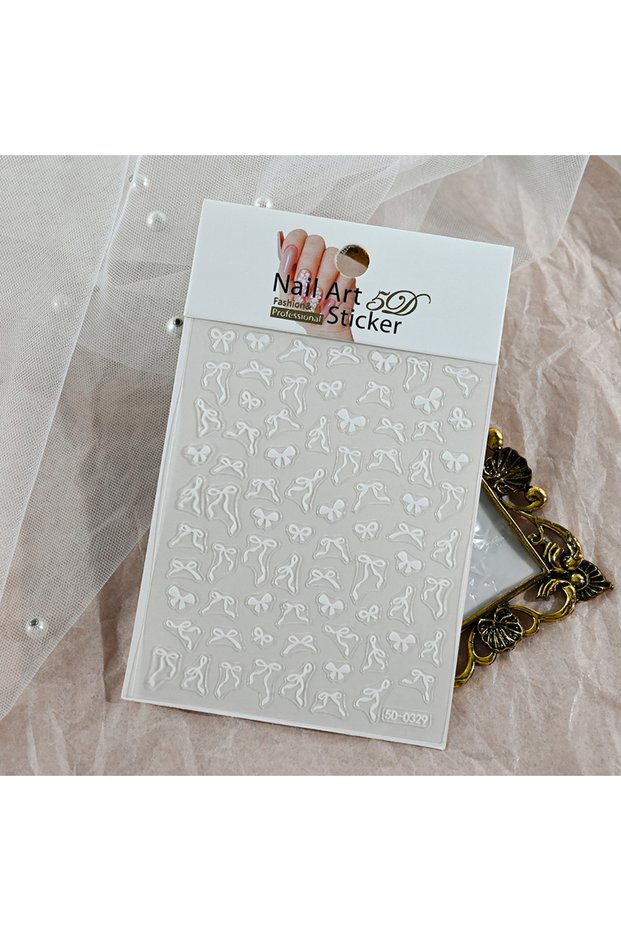 NK5D-0329 1Sheet Pink/White/Black Bow 5D Nail Art Stickers Bowknot Self-Adhesive Slider Romantic Lac