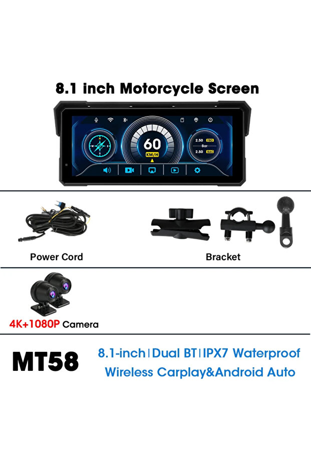 MT58-4K 1080P Jansite 8.1 Inch 4K Motorcycle CarPlay Screen 4K Dash Cam Wireless Android Auto Blueto