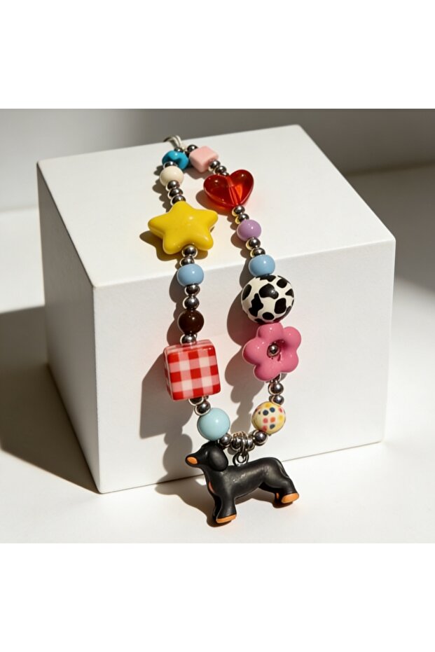 Multicoloured Dopamine Colorful Beaded Dachshund Phone Charm, Cute Cartoon Star Heart Pendant, Kawai