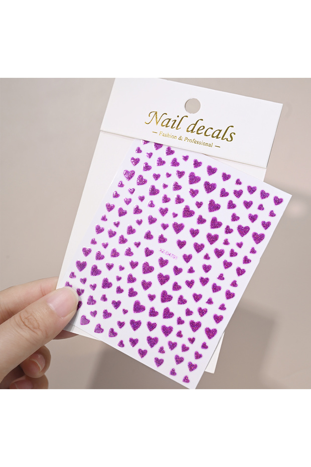 purple 5D Valentine's Day Purple Glitter Love-Heart Nail Stickers Mixed Sizes Sweet Heart Nail Decal
