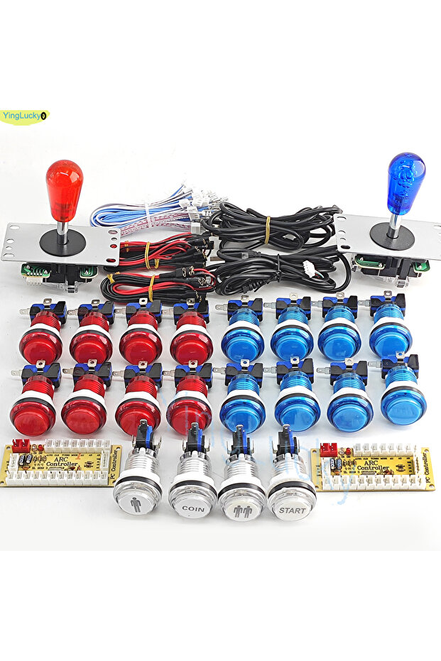 مجموعة ألعاب أركيد DIY للاعبين 2 باللونين الأحمر والأزرق لجهاز الكمبيوتر Raspberry Pi مع أزرار ضغط LED من American St