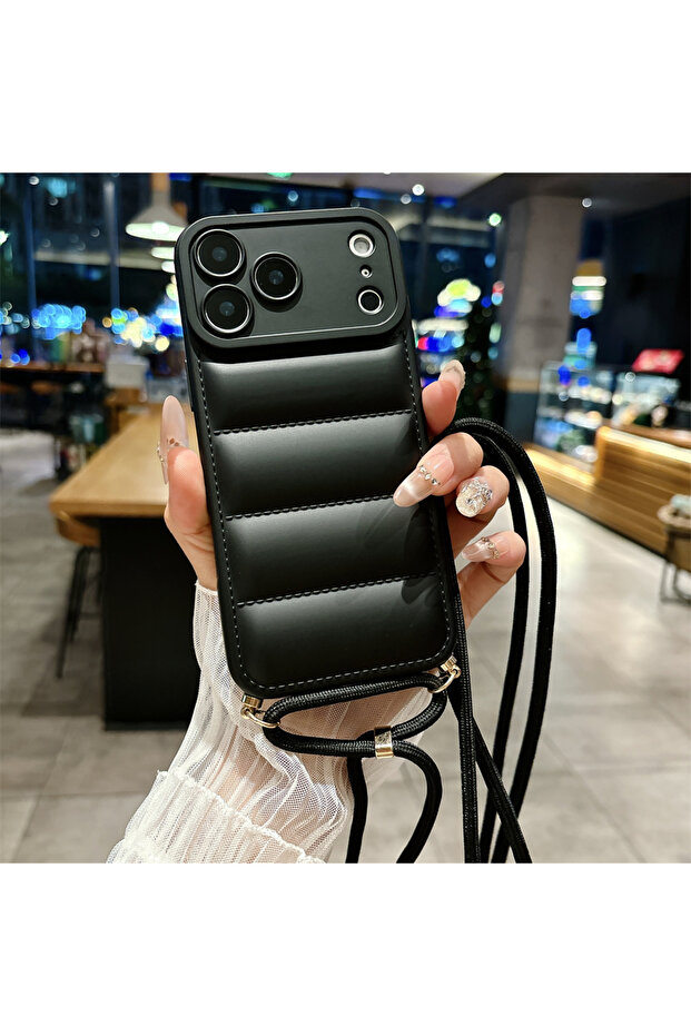 iPhone17 Pro Max Black Soft Down Jacket Lanyard Crossbody Case For iPhone 17 16 15 14 13 12 11 Pro M