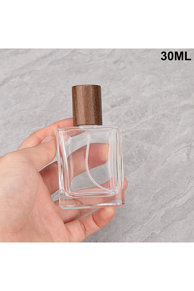 زجاجة عطر زجاجية مربعة الشكل من خشب الجوز سعة 30 مل، متوفرة بأحجام 15/30/50 مل، زجاجات رش شفافة للتعبئة قابلة لإعادة الملء