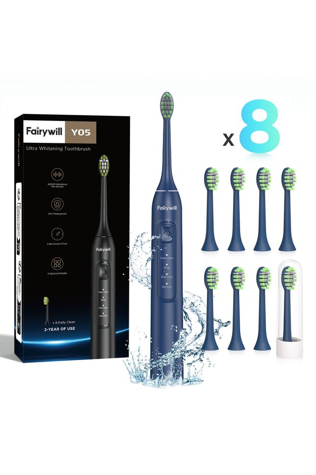 Silver Fairywill Ultrasonic Electric Toothbrush,42000HZ/min Vibrations 8pcs Rechargeable Heads for A