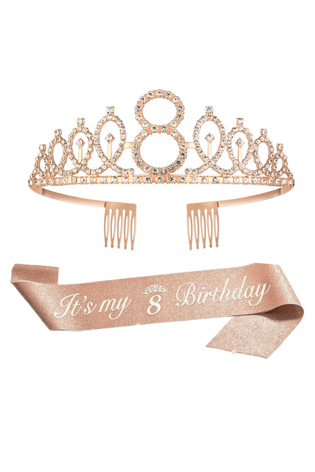 rose gold-8 Birthday Tiara Crown Sash Women Girls 3th 4th 5th 6st 7th 8th 9th 10th 11th 12th Birthda