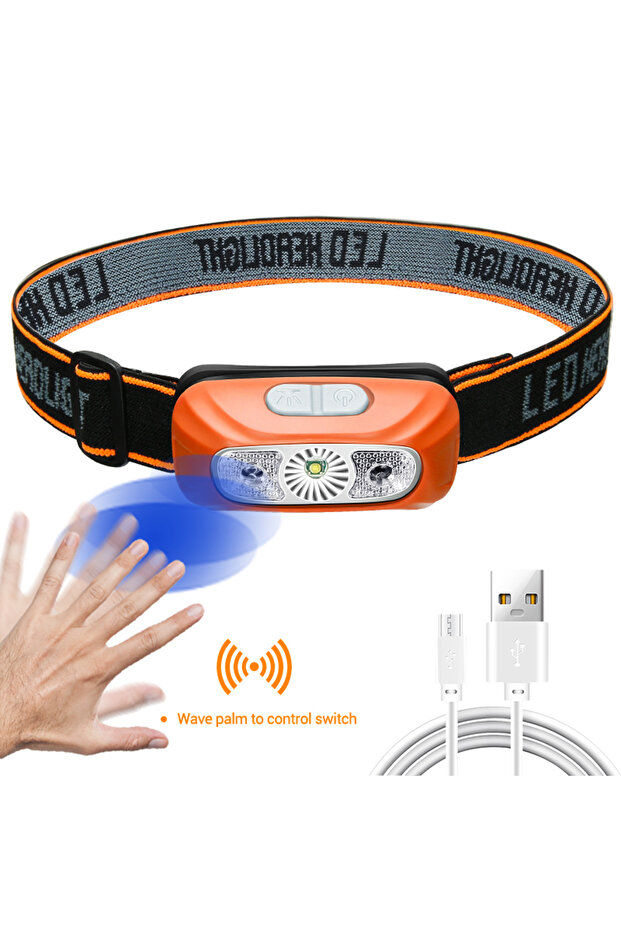 Orange(with sensor) Mini Rechargeable Powerful Sensor Headlamp Fishing Camping USB Head Flashlight C