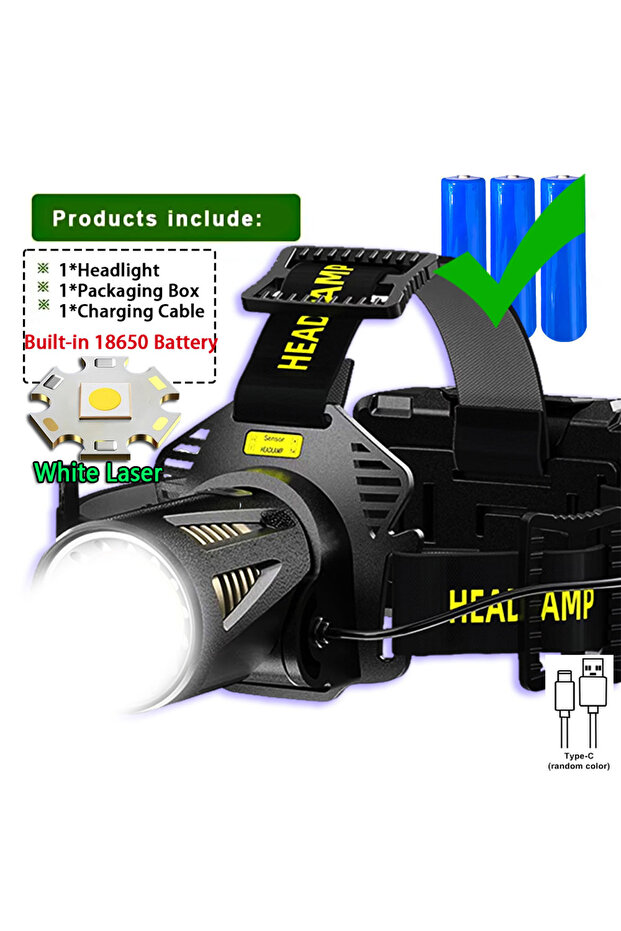 مصباح أمامي فائق السطوع بتقنية الليزر الأبيض - 18650 ذو 36 نواة، عالي الطاقة XHP360 LED، إضاءة قوية