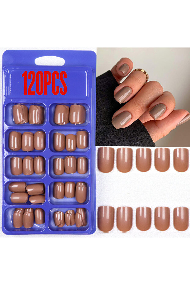 Brown 120PCS Press French Red Mid-Length Square Fake Nails Solid Color Design Reusable Acrylic False