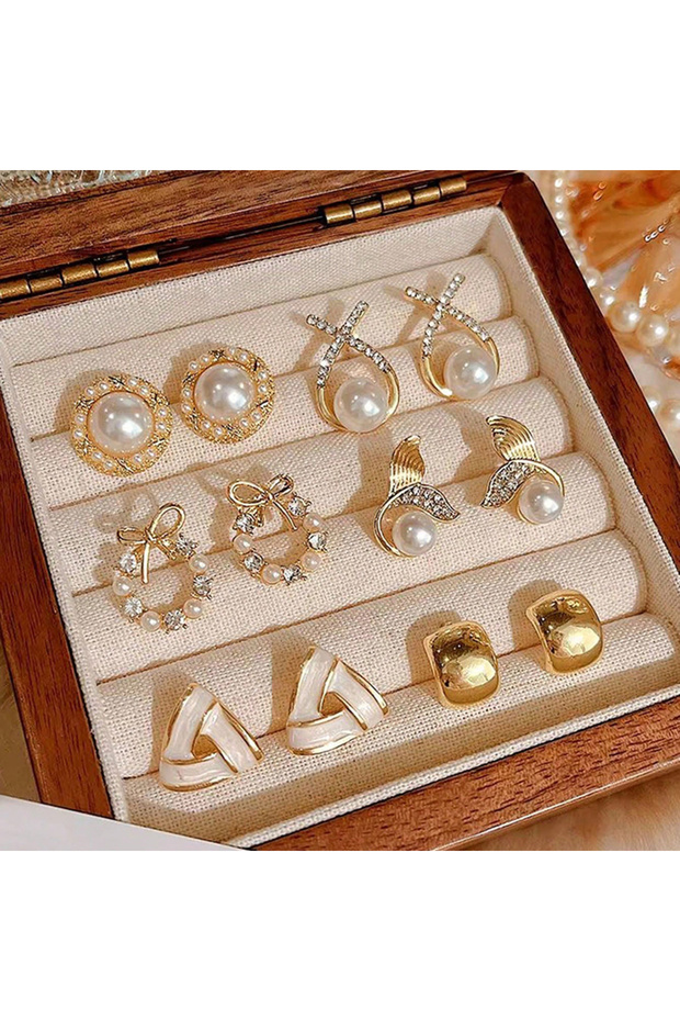 12 Pcs set 1 6/10/12 Pcs Simulated Pearl Round Square Stud Earrings Small French Elegant Daity Ear S