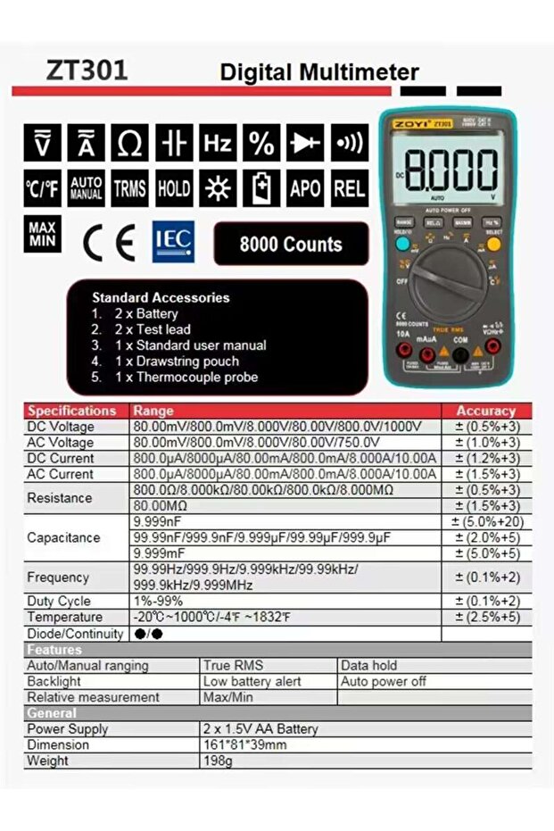 ZT-301 Digital Multimeter ZT 301/302/303 True RMS Auto Range Ammeter Voltmeter Smart Capacitor Tempe