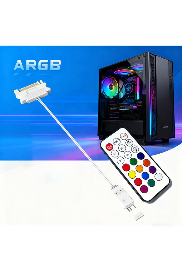 WHITE AuyiHomu ARGB Light Controller with Remote, 5V 3Pin to SATA Adapter Cable, 2-Color PC ARGB Lig