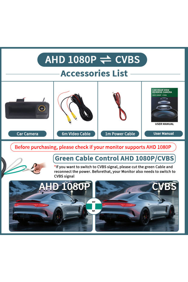 12 V AHD 1080P-CVBS AHD 1080P 170° Vehicle Rear View Camera for Ford Focus 2 MK2 Mondeo MK4 S-Max C-