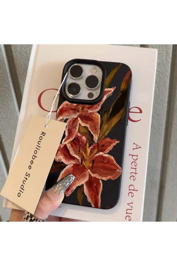 iPhone 14 T10809 Black For iPhone 16 Pro Max Case Oil Painting of Pink Lilies Phone Case For iPhone