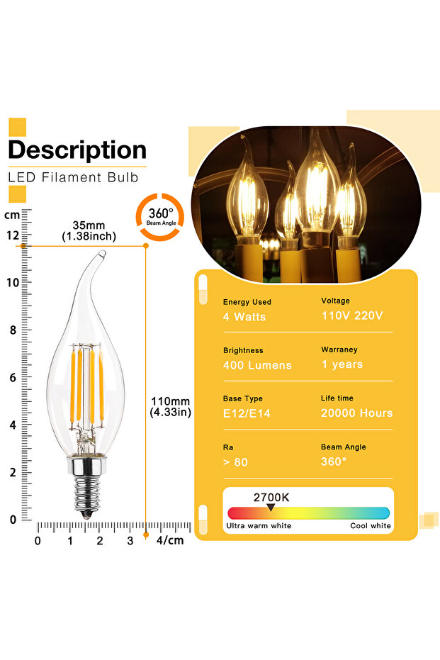 4w نعم E14 220V C35 لمبة إضاءة LED 6 قطع C35 4W لمبات إضاءة LED على شكل شمعة 40W مكافئة E