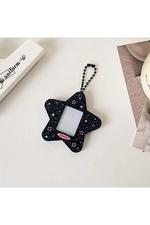 Black Portable Glitter Star Acrylic Photocard Holder Keychain 1-Inch ID Card Case Student Kpop Idol