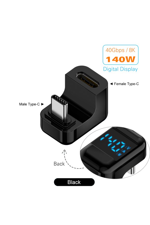 U Black 140W 90 Degree USB C Adapter Right Angle U Shape USB4 Type C Adapter 40Gbps with LED Display
