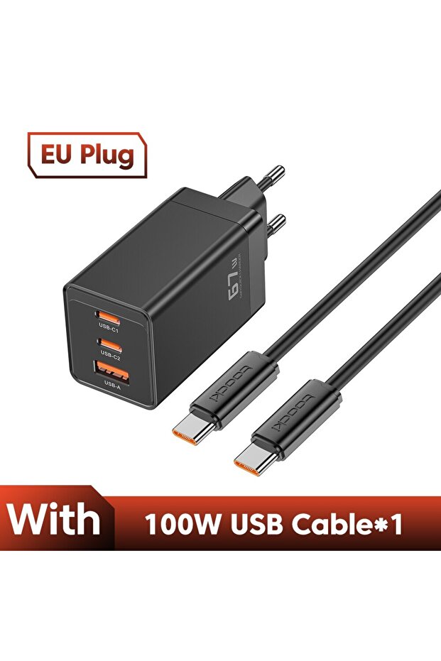 شاحن USB-C أسود أوروبي مع كابل بقوة 67 واط، شحن سريع 65 واط، تقنية QC4.0 وPD 3.0، منفذ USB-C بقوة 45 واط