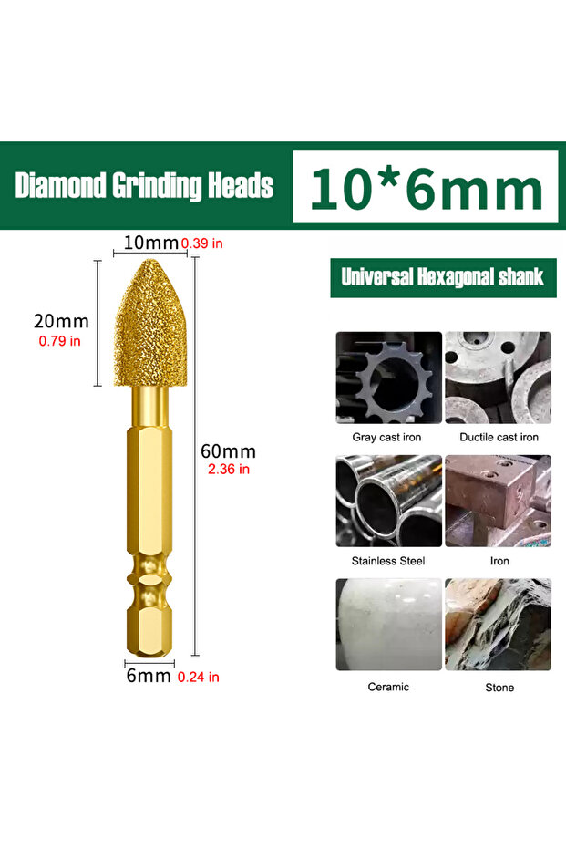 10mm Bullet Diamond Grinding Head 6mm Universal Shank Brazing File For Cast Iron Stainless Steel Cer