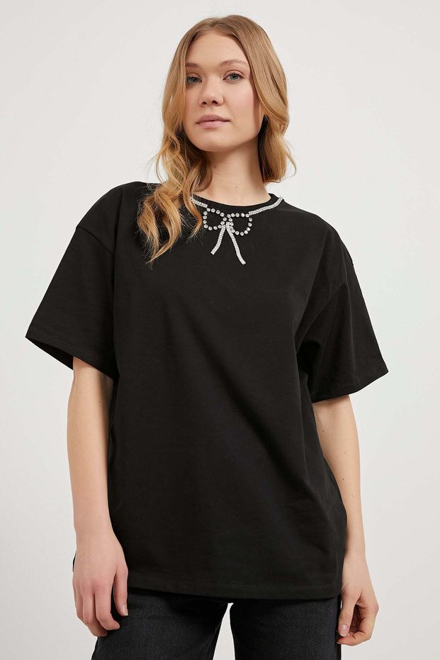 Women's Stoned Collar Short Sleeve Black Summer T-Shirt