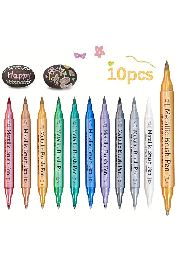 10pcs 10Pcs Metallic Dual-Tip Brush & Fine Point Markers Set, No Bleeding, Oil-Based Ink for DIY Scr