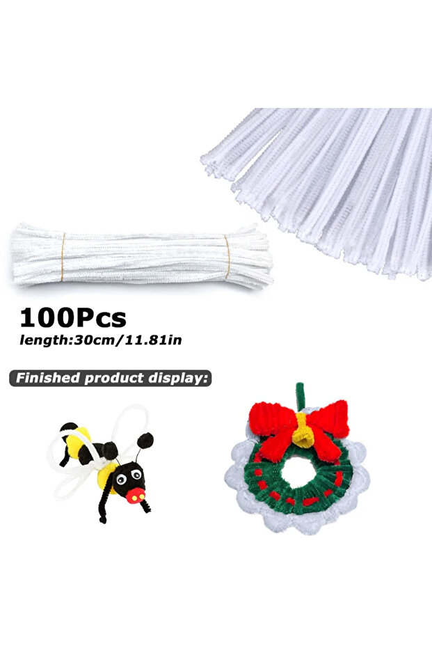 30cm x 0.6cm WHITE 100Pcs 30cm Colors Chenille Stem Twisted Rod Iron Wire DIY Handcraft Wool Root Fl