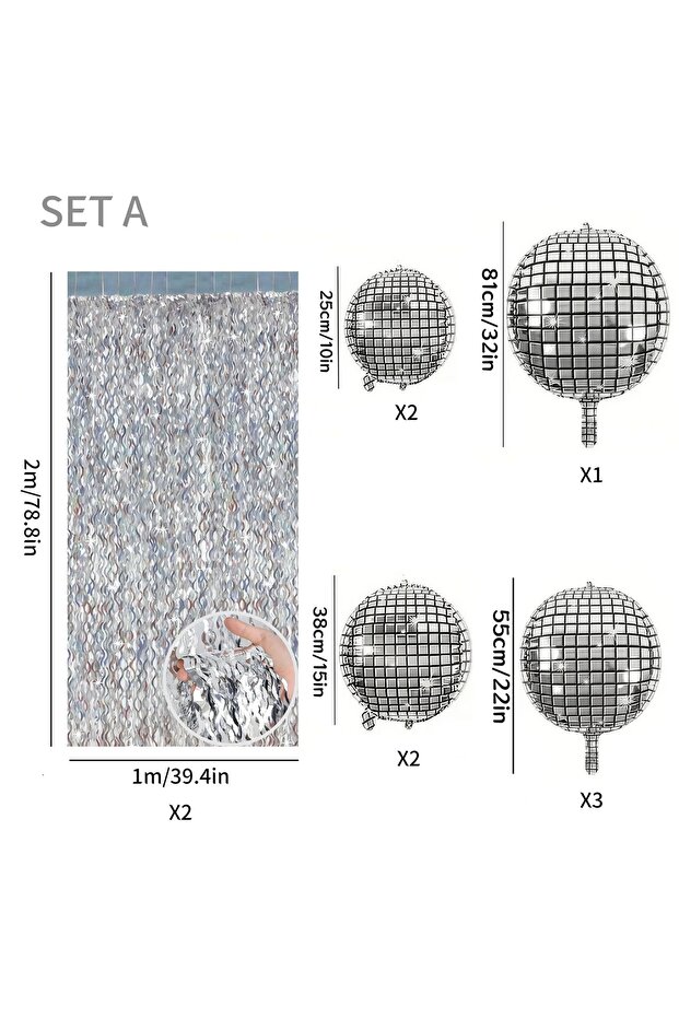 SET A 10pcs/Set Disco Party Decoration, Including Silver Foil Curtain Disco Ball Balloons S, 70s 80s