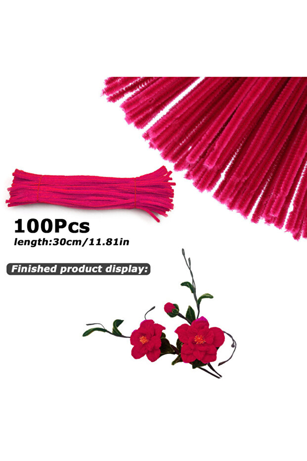 30 سم × 0.6 سم، أحمر 2، 100 قطعة، سيقان نسيج الشنيل ملونة بطول 30 سم، سلك حديدي ملتوي، أعمال يدوية، صوف، جذور، فلور