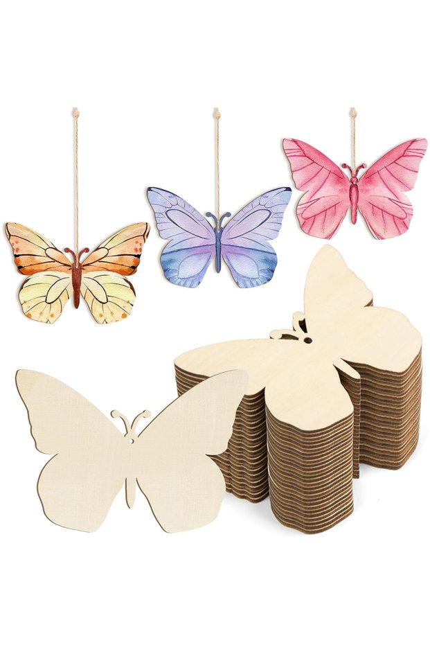 Butterfly 10pcs Wooden Flower Ornaments Unfinished Wooden Slices with Hole Wooden Blank Christmas Ha