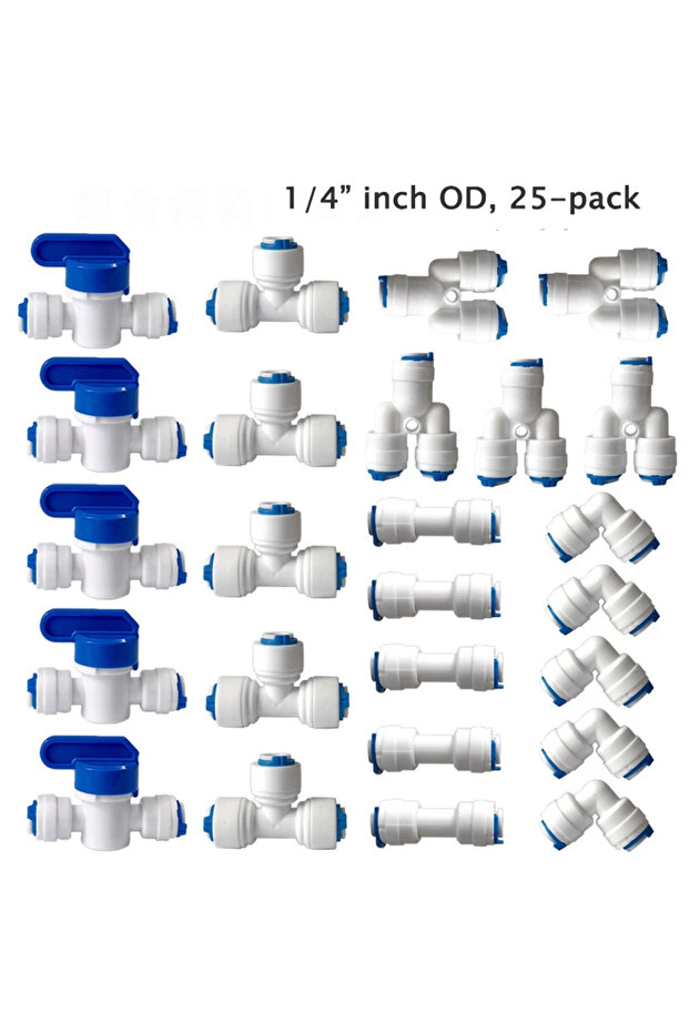 25 mixed kit A 1/4" 3/8" O.D. Quick Connect Push In RO Water Tube Straight Tee Elbow Ball Valve Fitt