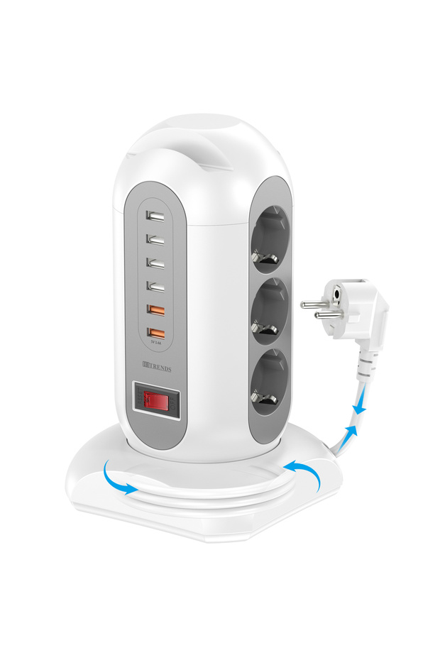 250V EU 9 white 15-in-1 tower power strip 2500W, 9 sockets, 6 USB charging ports, retractable 1.8-me