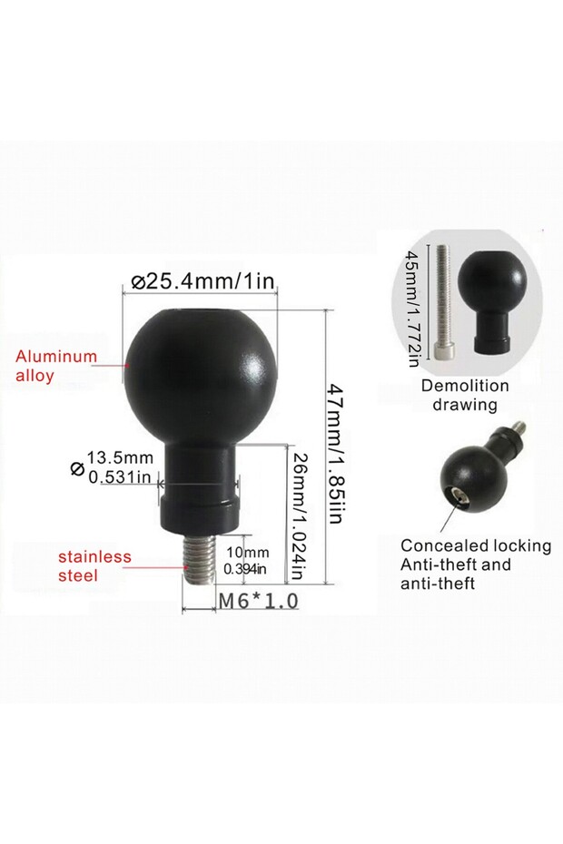 1pcs 25.4mm M6 Aluminum 17mm/25mm Ball Head Adapter to M6 M8 M10 Bolt for RAM Garmin Mount Motorcycl