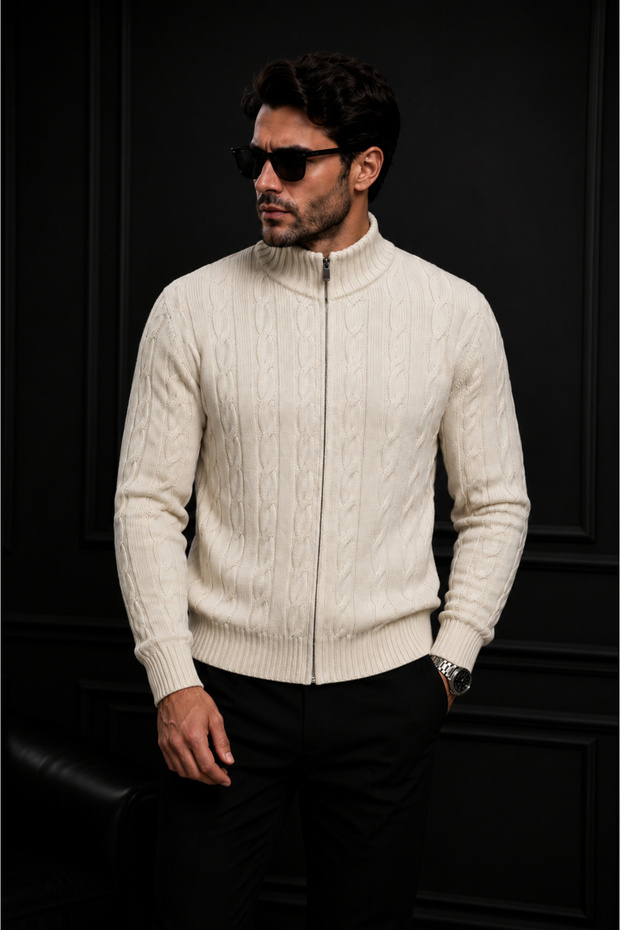 Men's Hair Knit Patterned Jacket with Zipper Detail