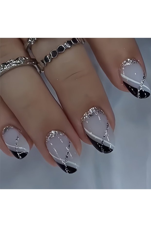 Ivory ARTAUG 24PCS Elevate Your Style With Medium Almond Black Press On Nails Shimmering Press On N