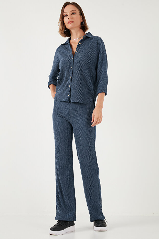 Slim Fit High Waist Wide Leg Textured Trousers Pants 5865944