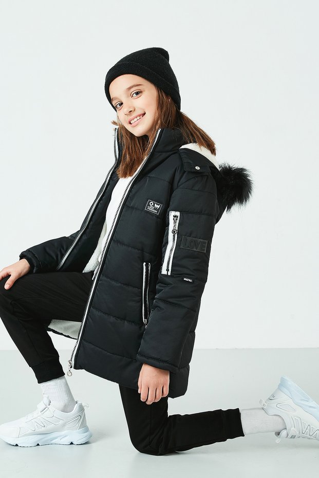 Hooded Coat with Faux Fur Collar and Pockets Girls' COAT 6035054