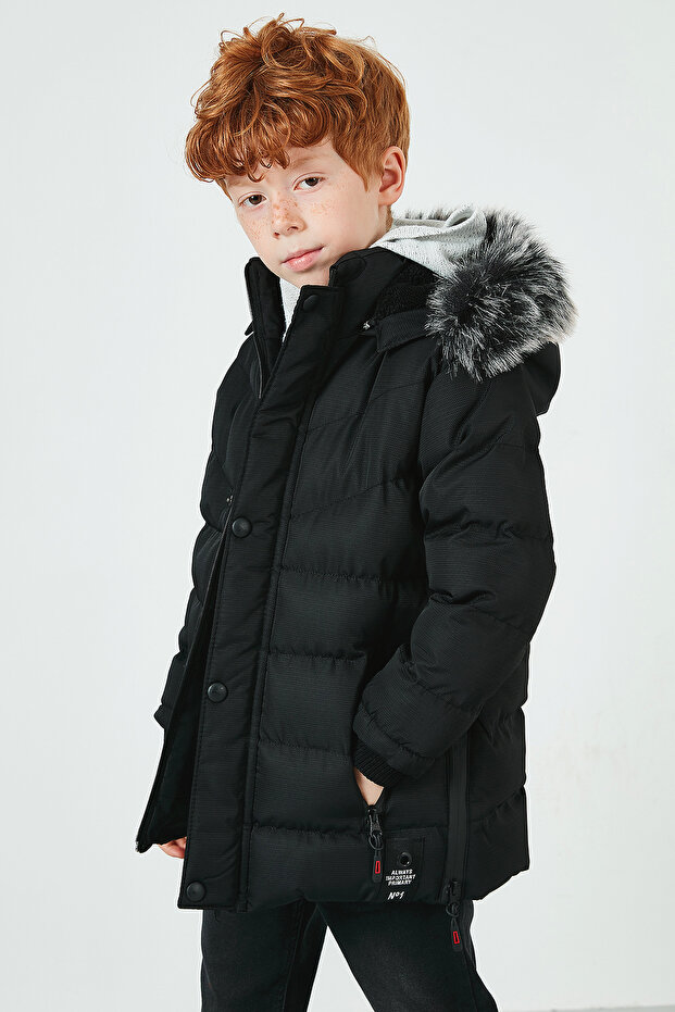 Faux Fur Plush Lined Detachable Hooded Coat for Boys 5763028