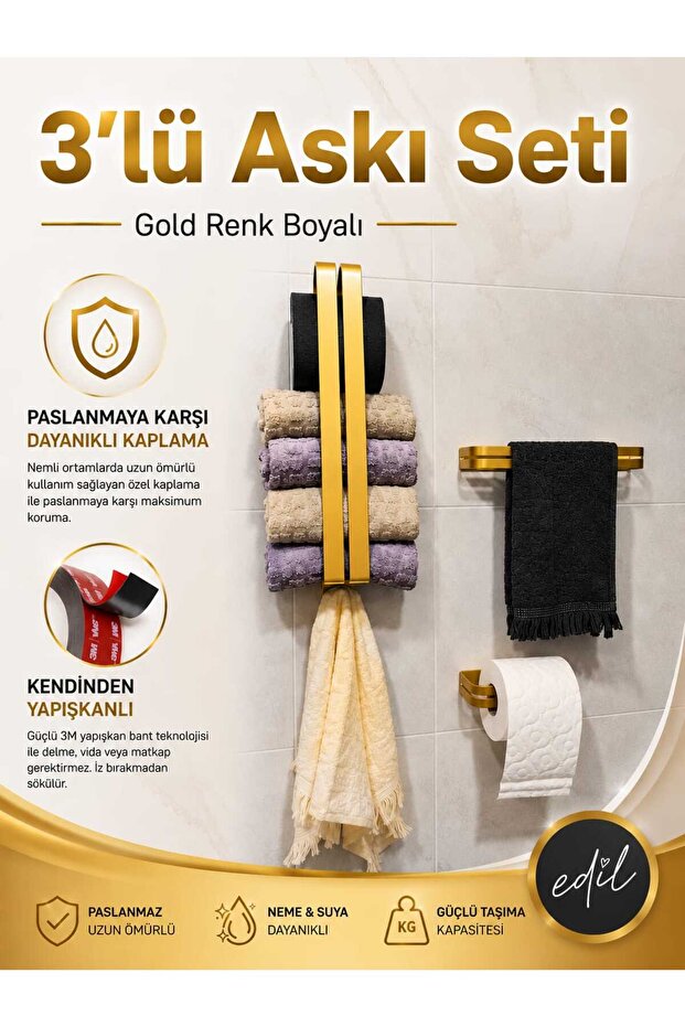 Edil 3-Piece Bathroom Set, Towel Rack, Toilet Paper Holder, Adhesive, No Assembly Required