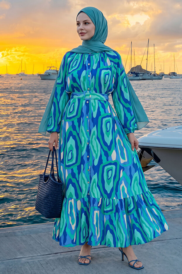 Oval Striped Belted Green Viscose Dress