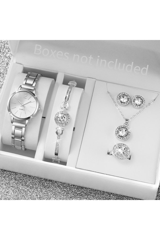Silver E No Box 6PCS/Set Fashion Women's Quartz Watch Stainless Steel Band Wrist Watches Diamond Jew